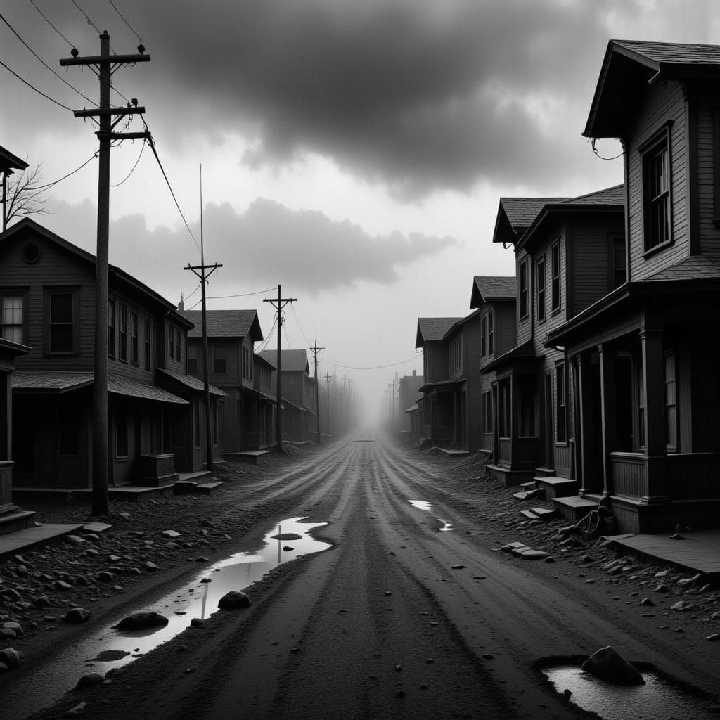 Abandoned Black and White Ghost Town at Dusk
