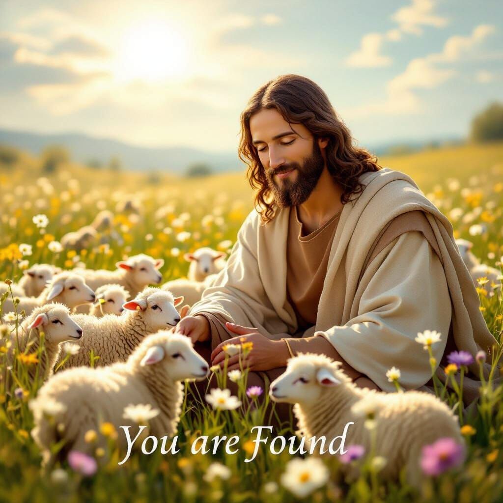 Jesus the Shepherd Smiling with Sheep in Flower Field