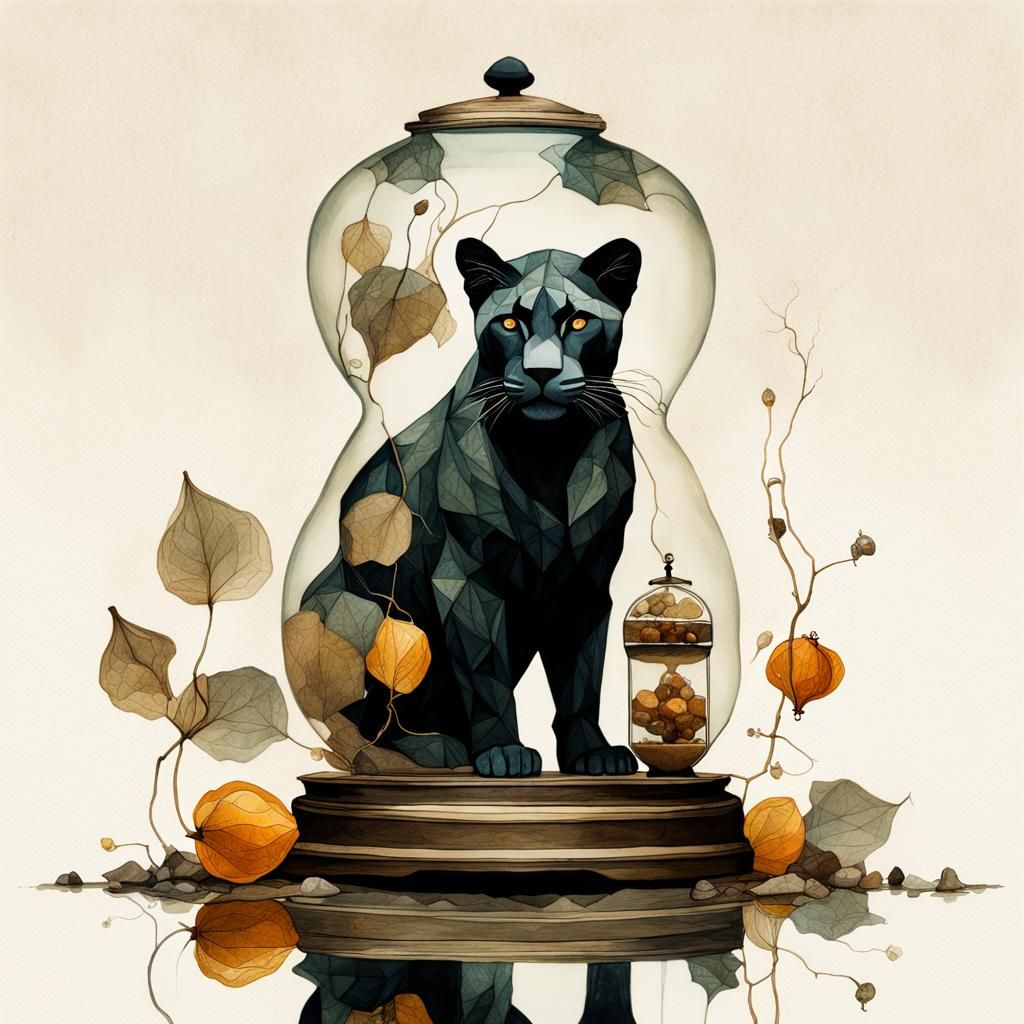 Double Exposure: Panther, Physalis, Hourglass in Art Nouveau...