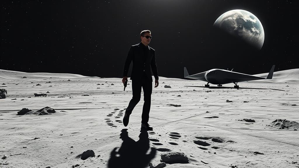 Men in Black Agent on Moon in Retro-Futuristic Suit