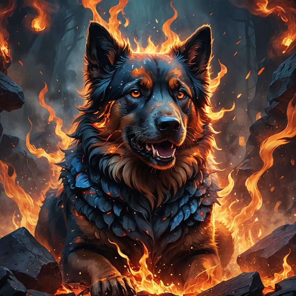 Fiery Dog Concept Art in Dramatic Lighting