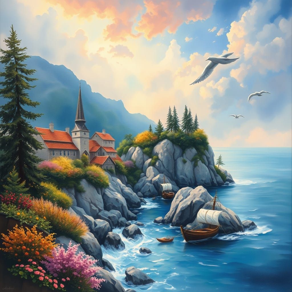 Ethereal Seascape in Gouache and Watercolor Style