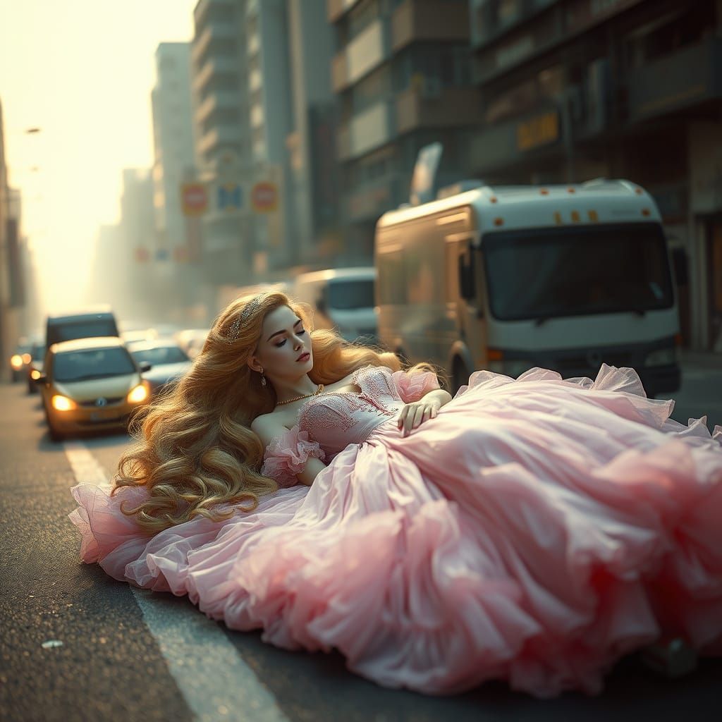 Enchanted Princess Amidst Urban Ruin in Vibrant, Dreamlike S...