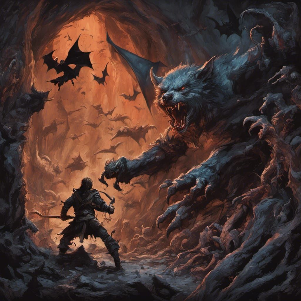 Warrior Defends Against Bats in a Dark Fantasy Art