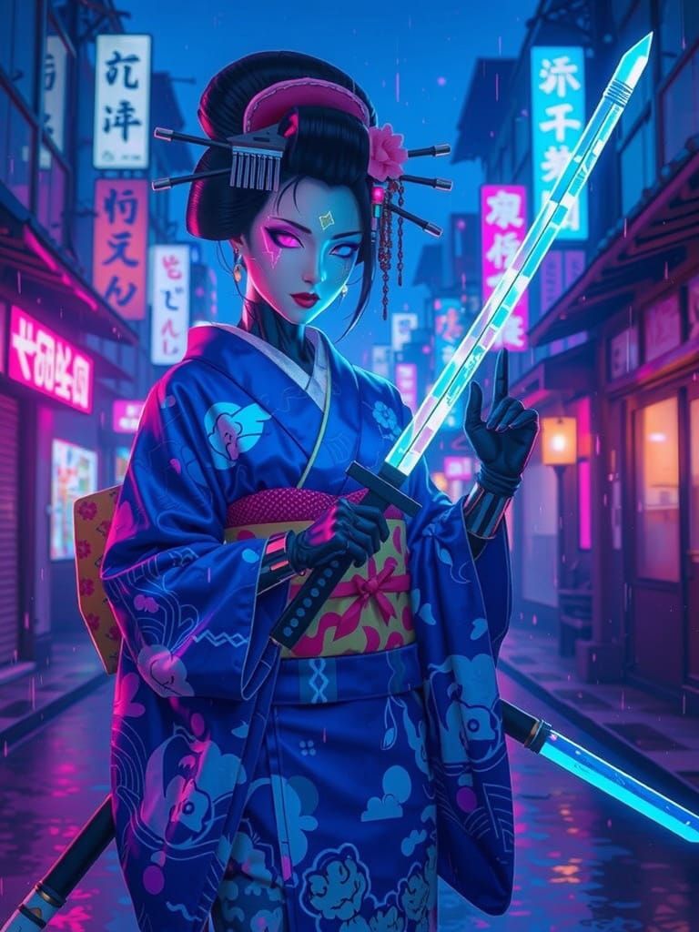 Cyberpunk Geisha with Neon Makeup in Anime Style