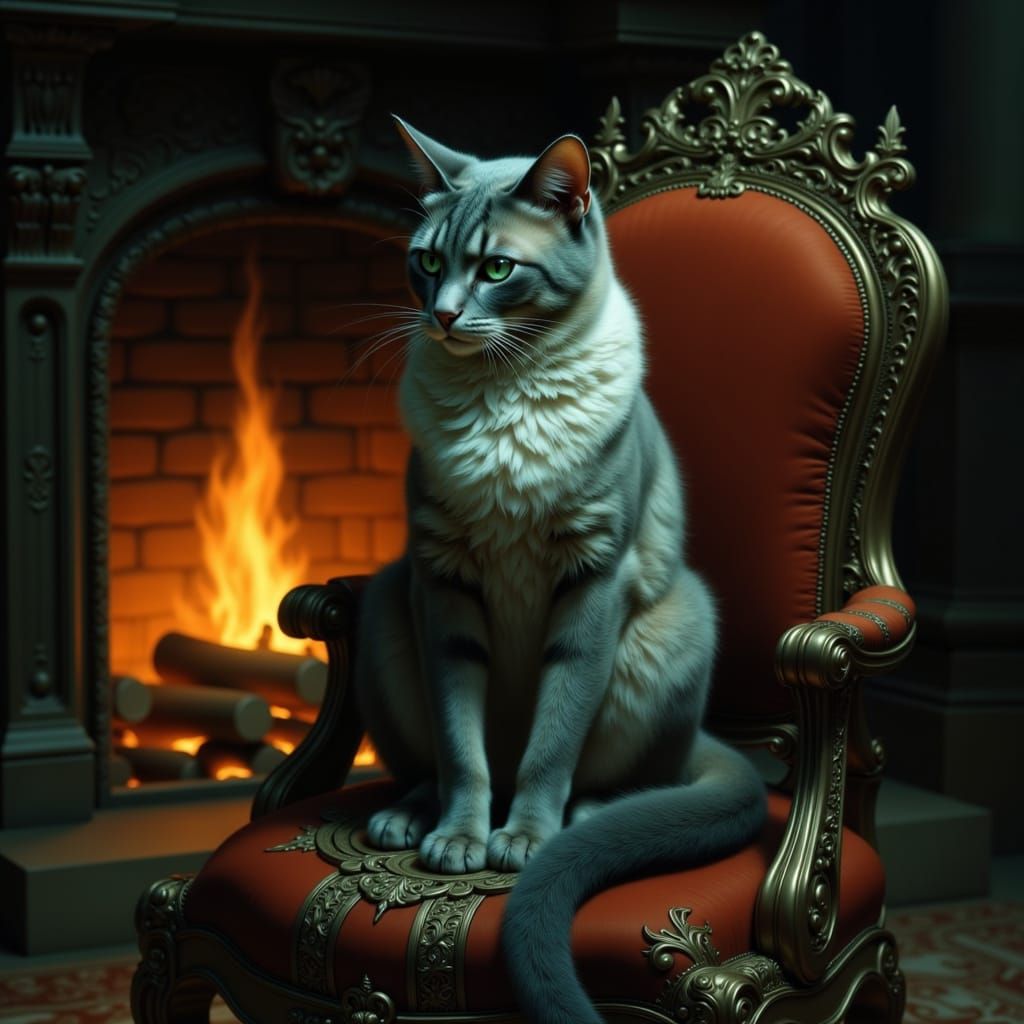Regal Siamese Cat by Fireplace in Matte Painting Style