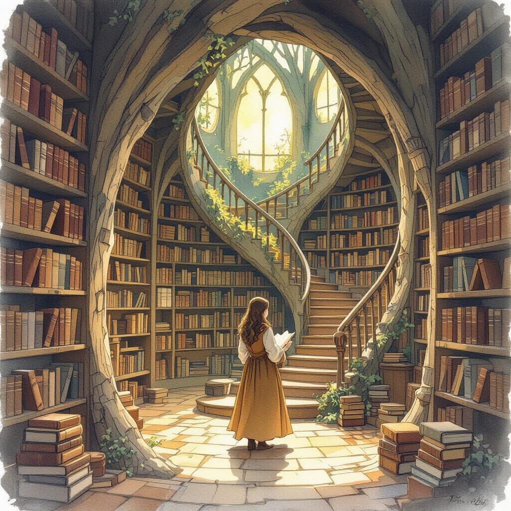 Tranquil Librarian in Ancient Tree Library, Watercolor Style