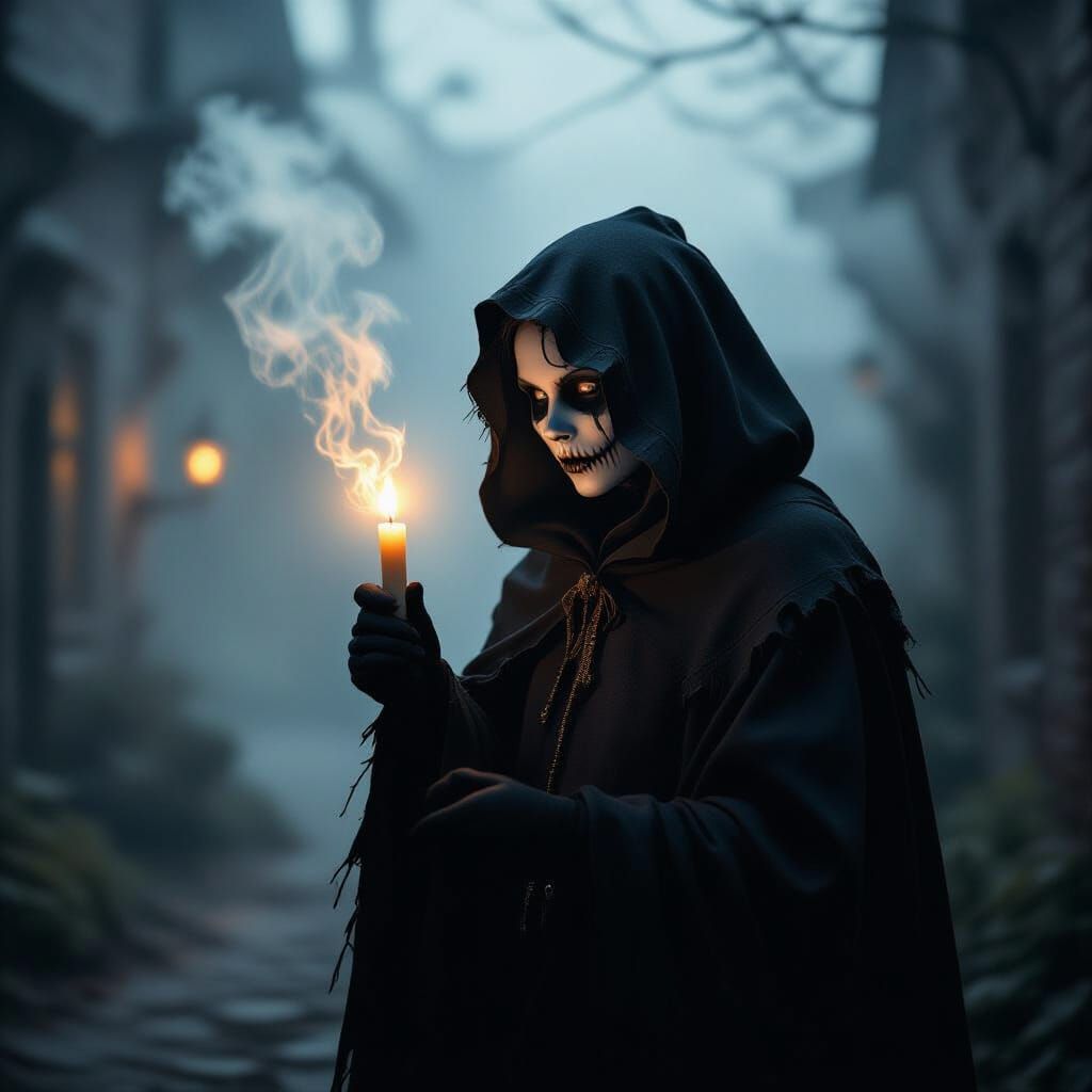 Ghostly Reveal: Trick-or-Treater in Candlelit Fog