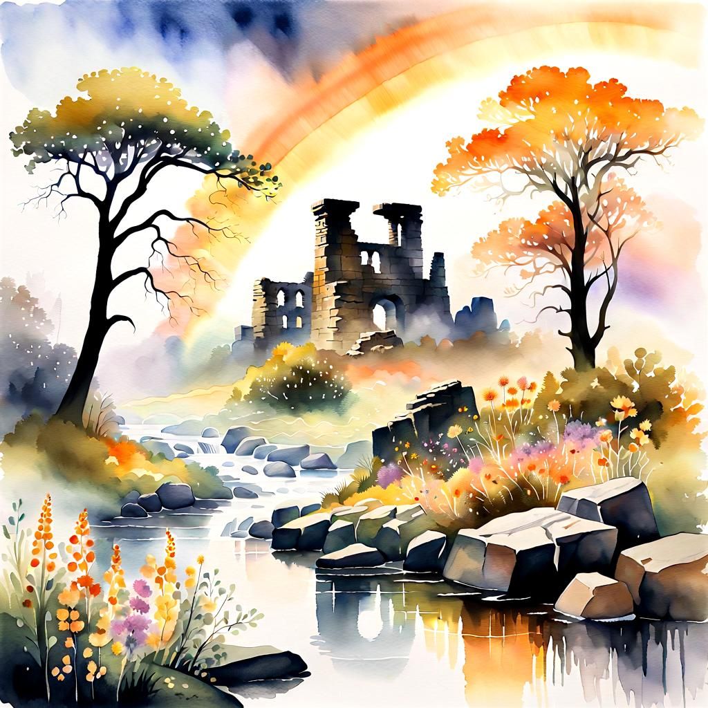 Wildflowers Bloom Amidst Ancient Ruins: Watercolor Landscape