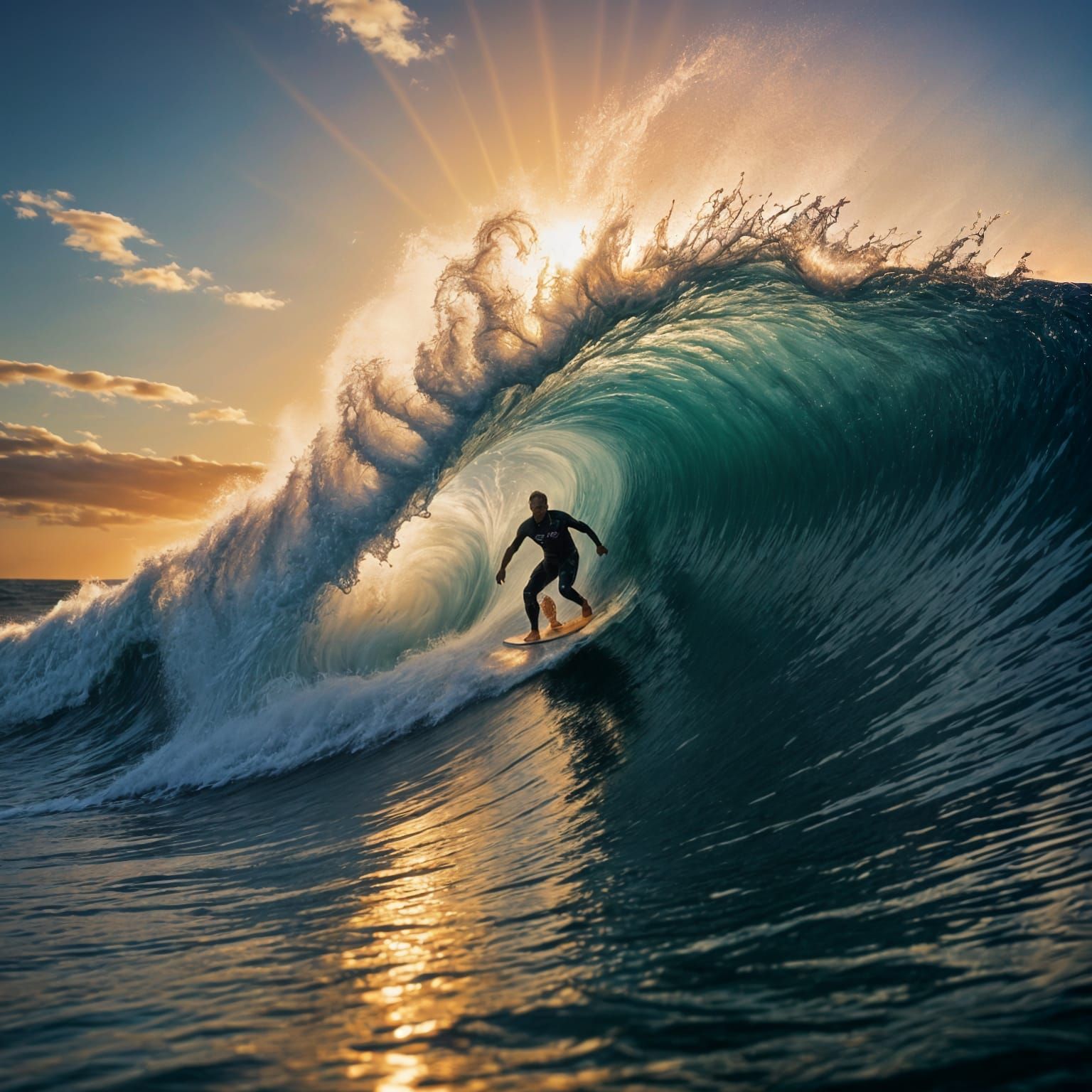 Surfer Riding a Giant Wave at Sunset