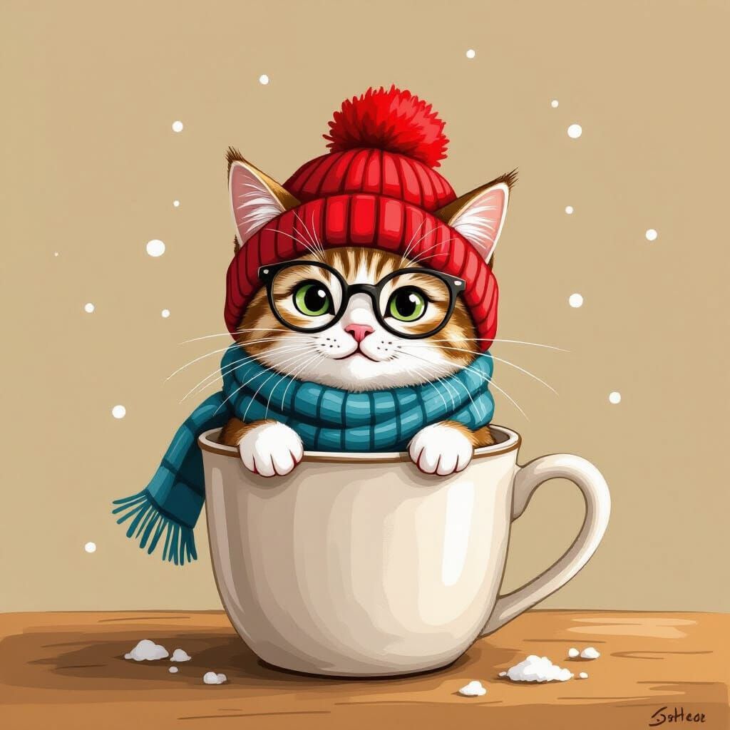 Cute Cat in Quark Bowl with Hat and Scarf