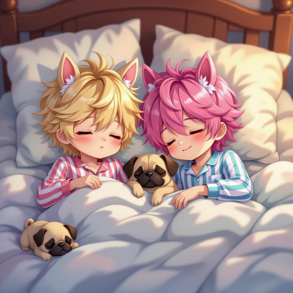 Anime Boys With Horse Ears Sleeping in Pajamas