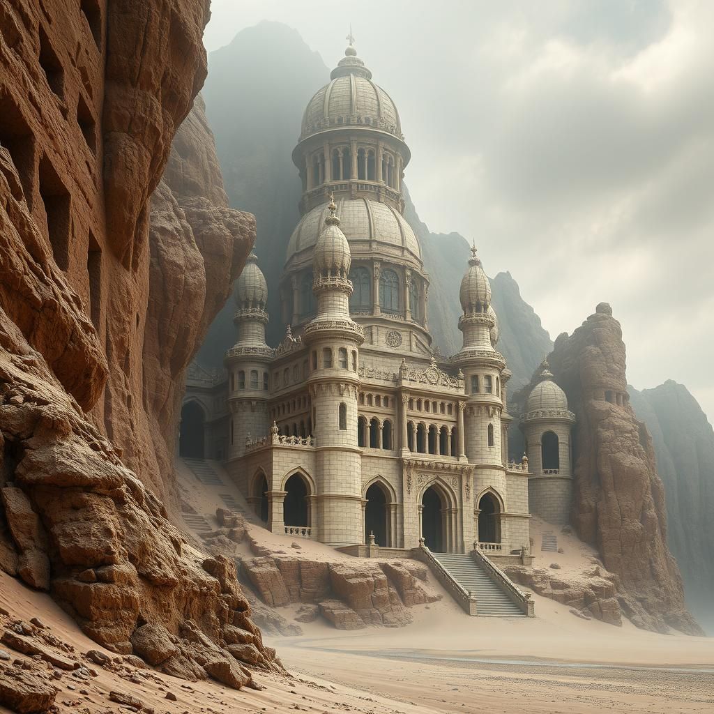 Surreal Sandcastle Mountain Fortress in Precisionist Style