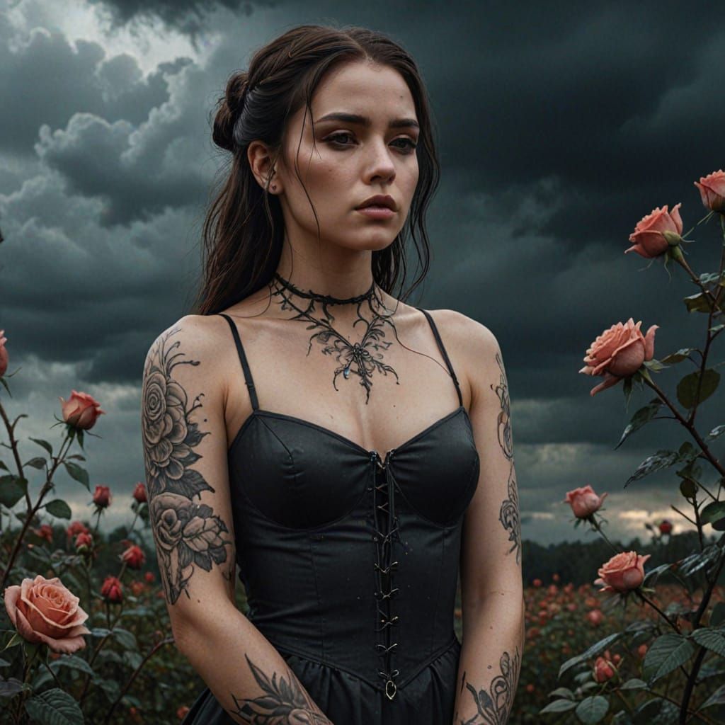 Ethereal Woman Amidst Wilting Roses in Gothic Matte Painting