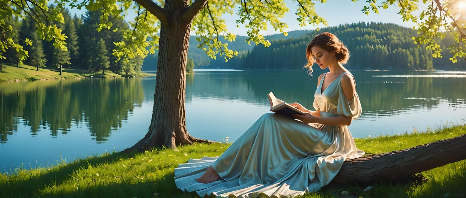 Woman Reading by Lake in Spring Forest