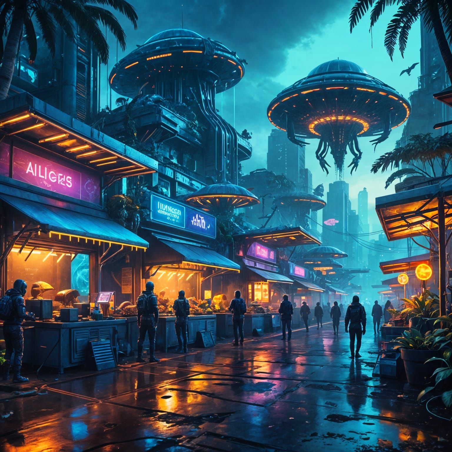 Synthwave Alien Market in Jungle City