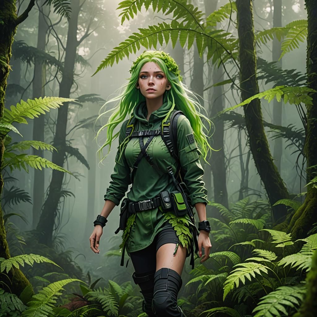 Anime Girl Hiking in Misty Fern Forest