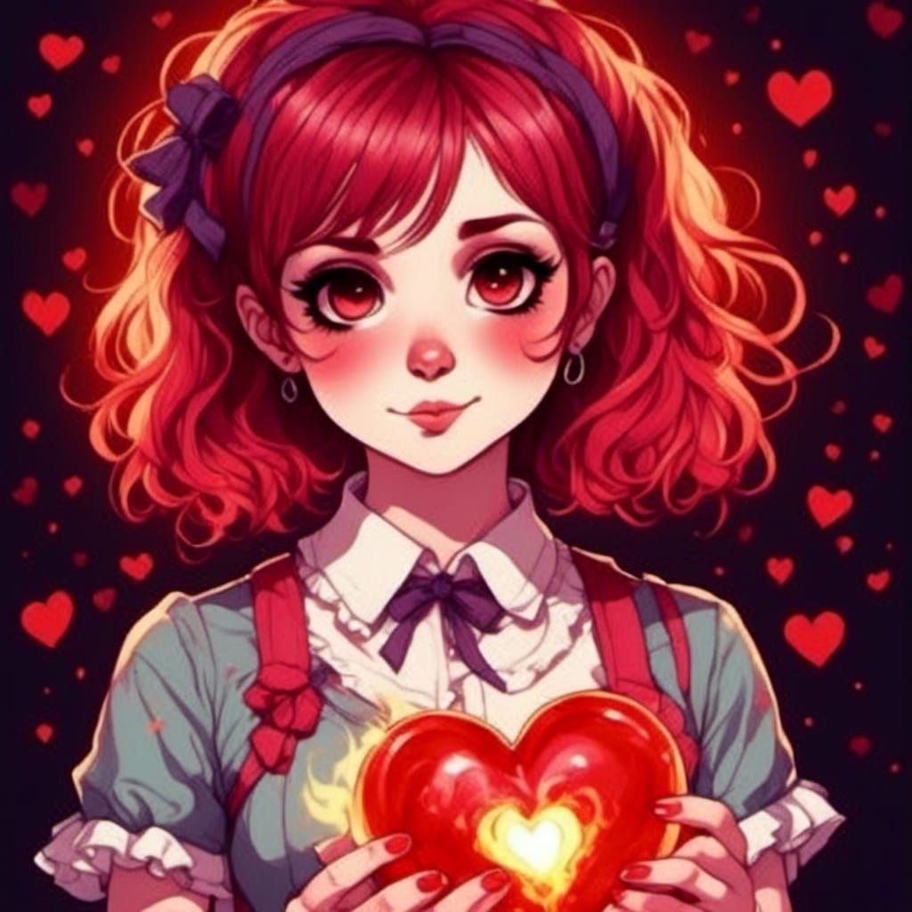 Kawaii Anime Girl Holding a Burning Heart