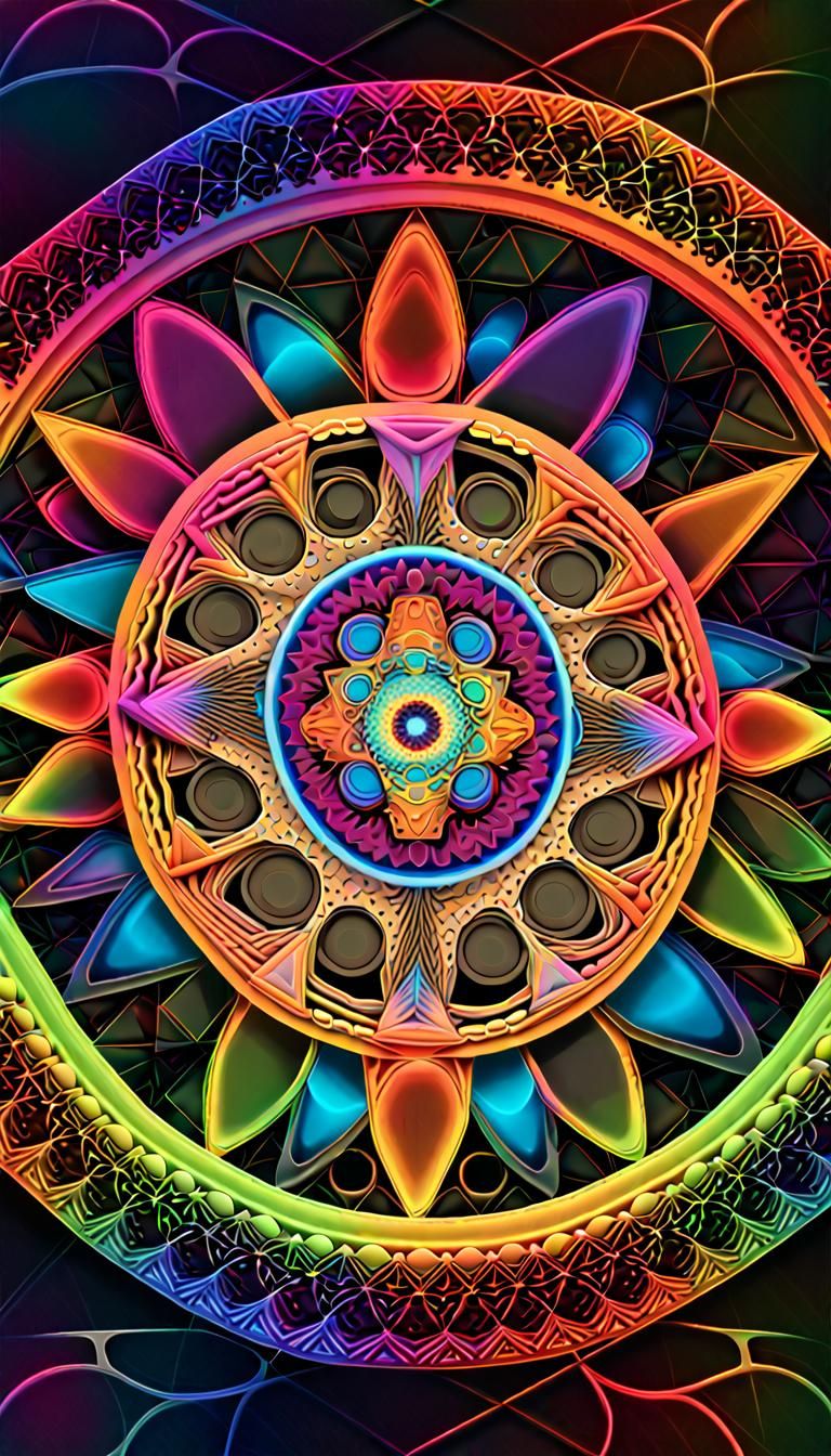 Neon Geometric Mandala in 3D Fractal Art
