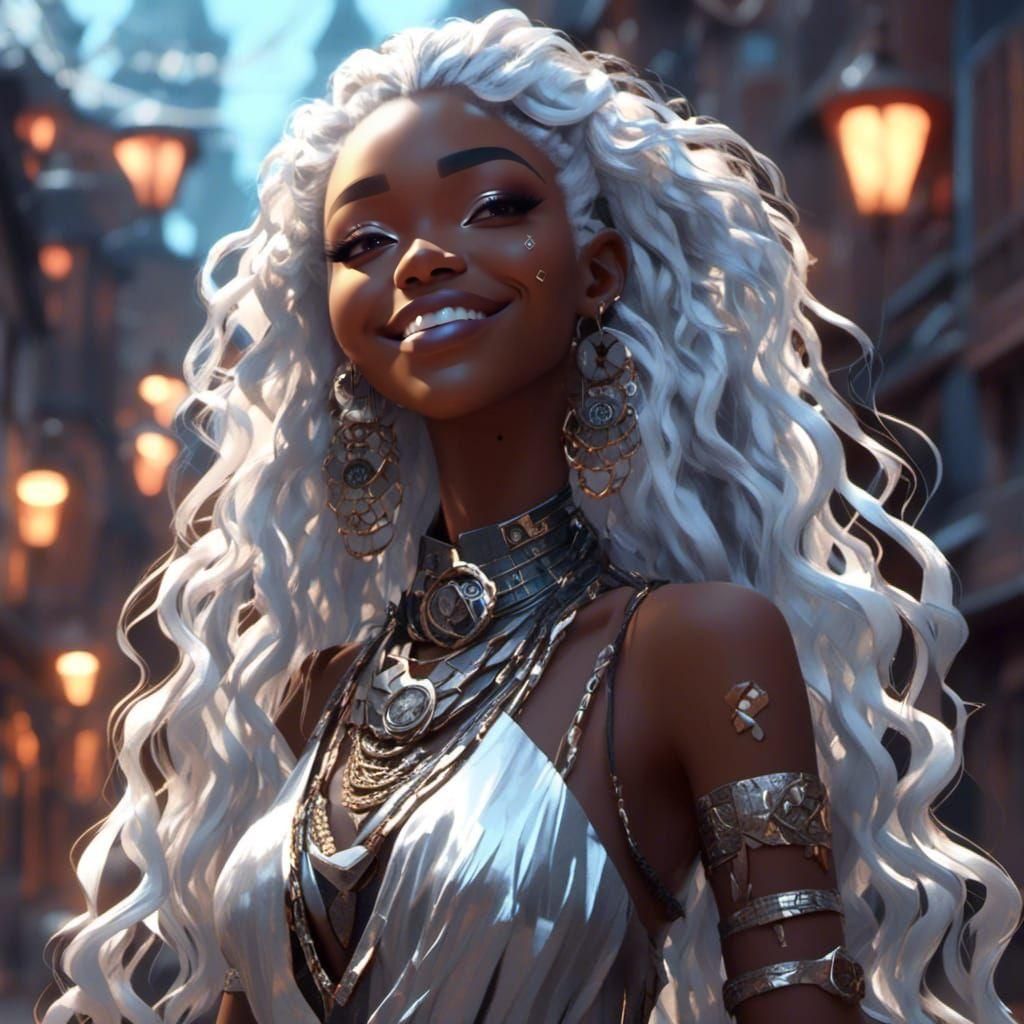 Elegant Anime Woman in Afrofuturistic Cityscape