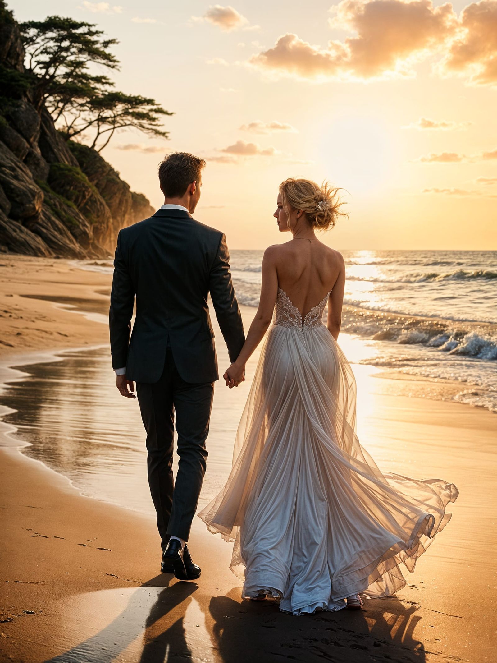 Bride and Groom on Beach in Cinematic Style