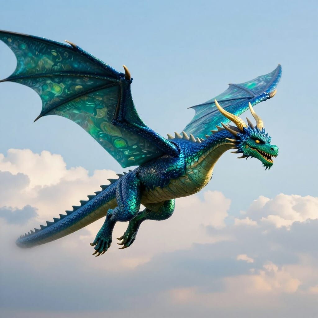 Realistic Blue and Green Dragon Soars in Sky
