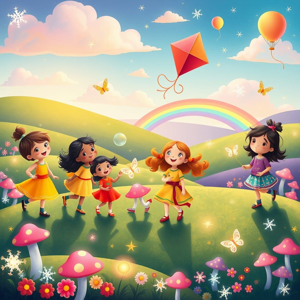 Cheerful Cartoon Children in Magical Landscape