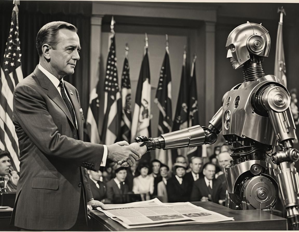 1965 President Shakes Hands with Robot, Black and White