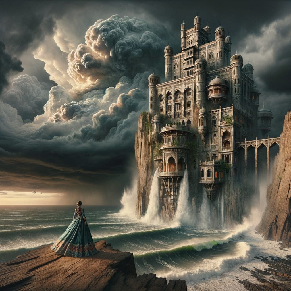 Castle on Cliff: Ancient Meets Future in Retrowave Style