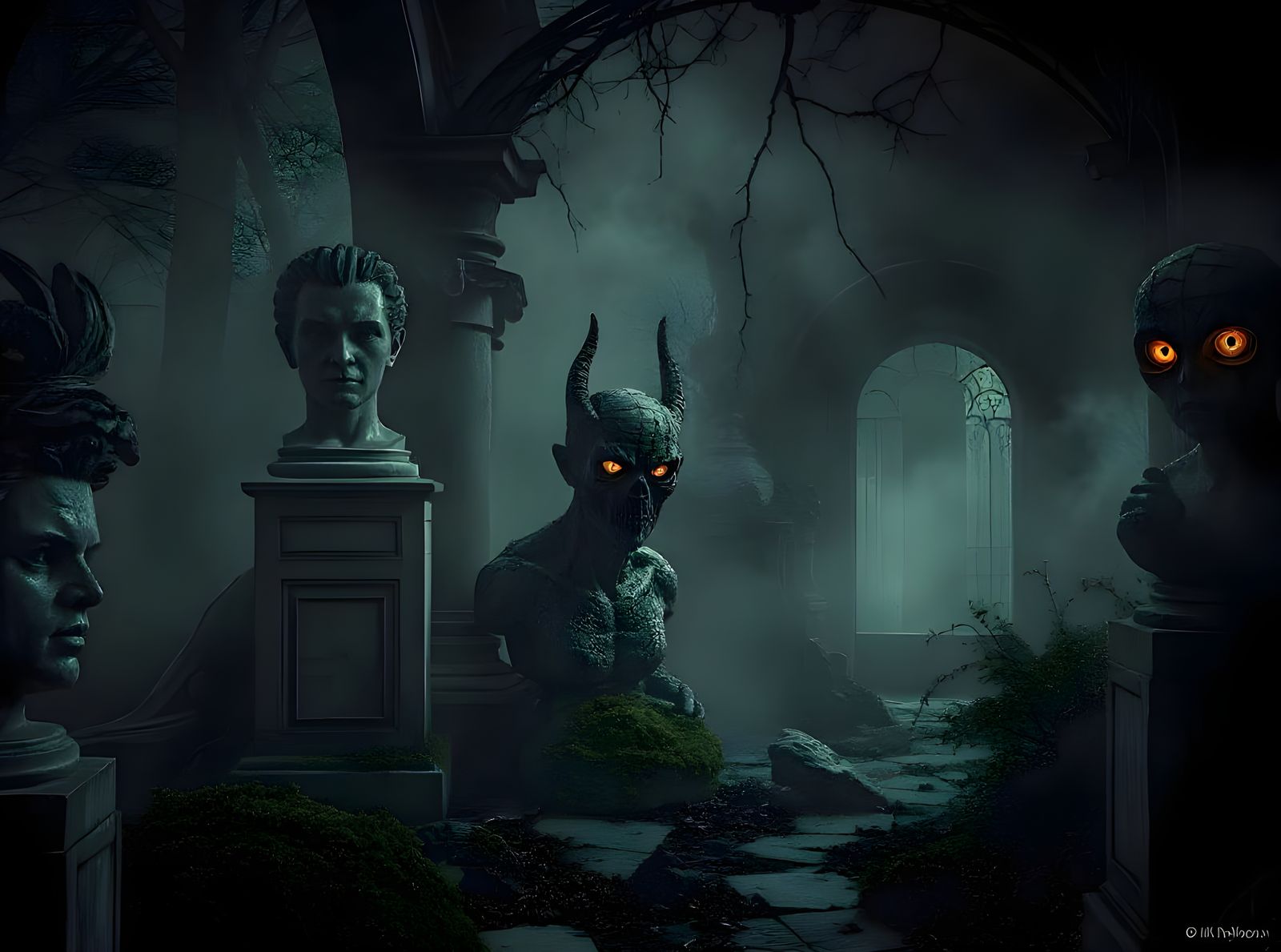 Mystical Garden Statues with Glowing Eyes