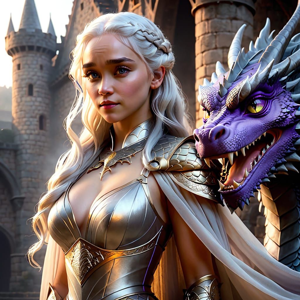 Fantasy Princess of Dragons in Ancient Castle Courtyard