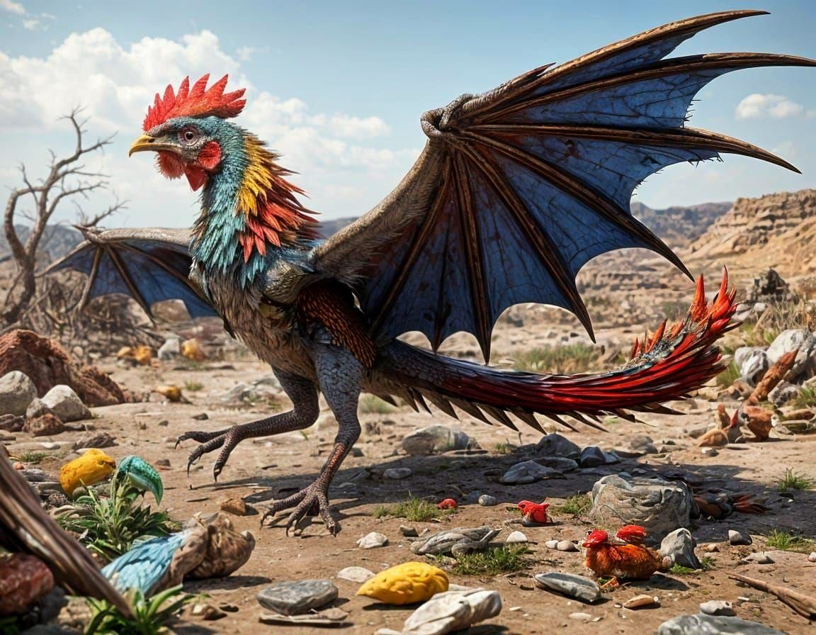 Vibrant Realistic Scene with a Cockatrice in a Desolate Land...