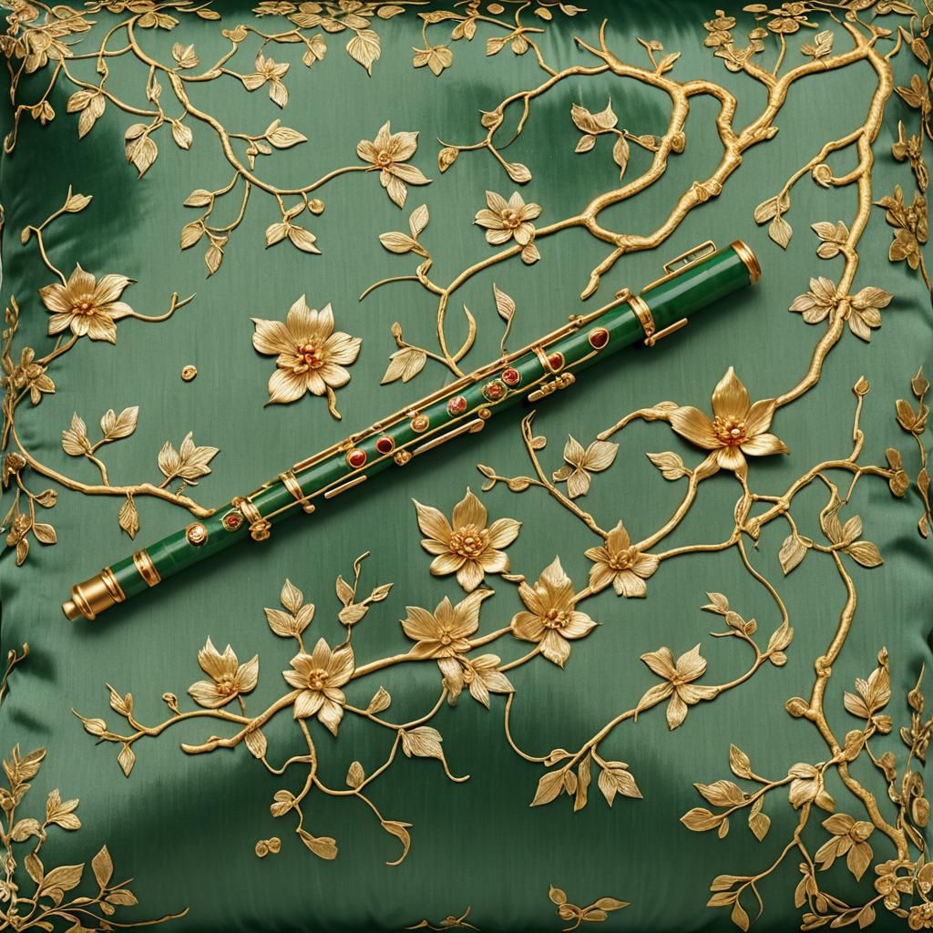 Jade Flute with Golden Veins on Silk Pillow