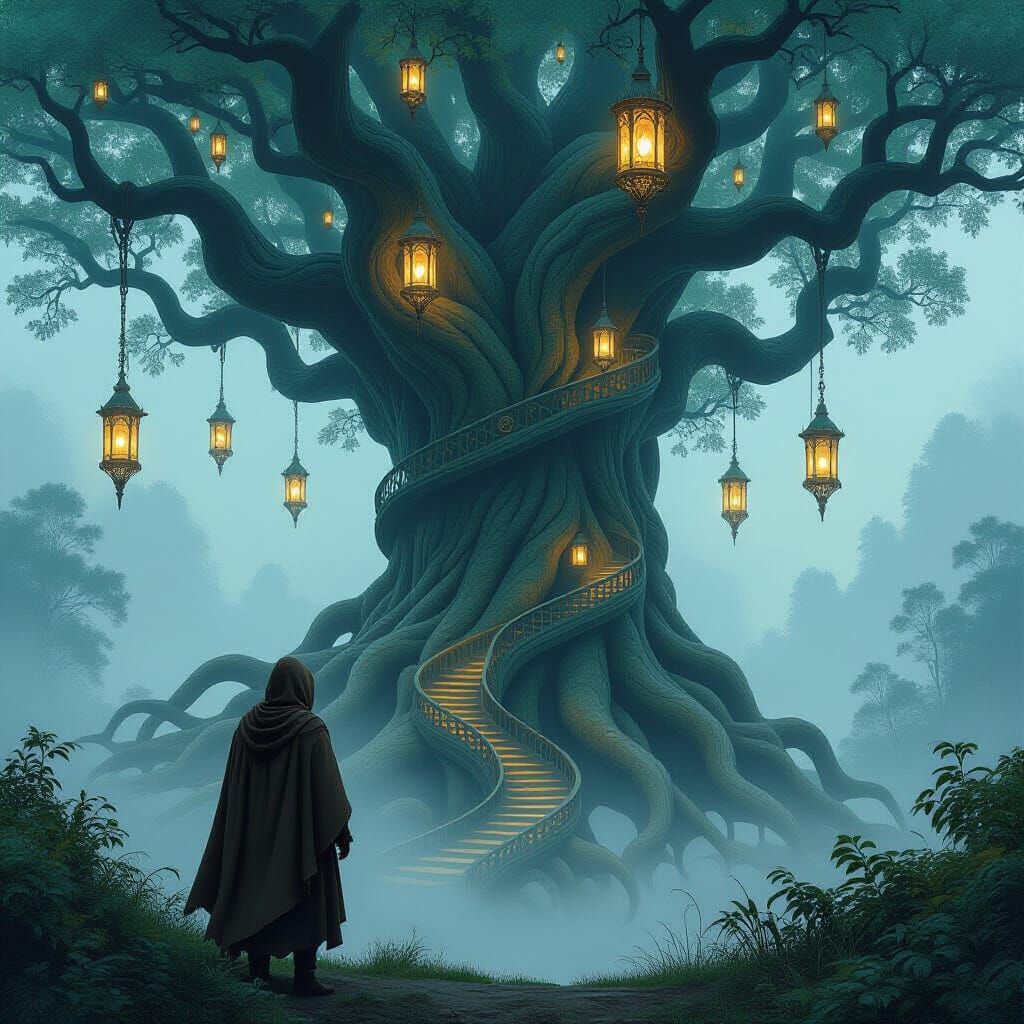 Traveler Gazing at Ancient Tree in Art Nouveau Style
