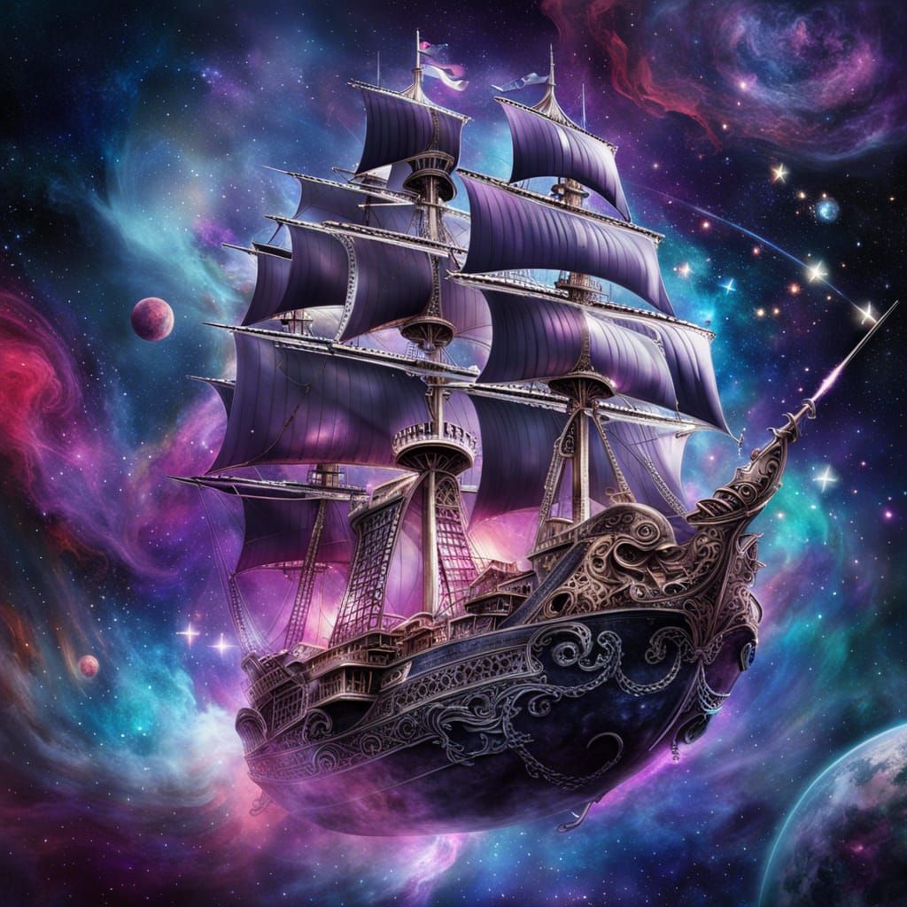 Silver Space Pirate Ship Emerges from Nebula