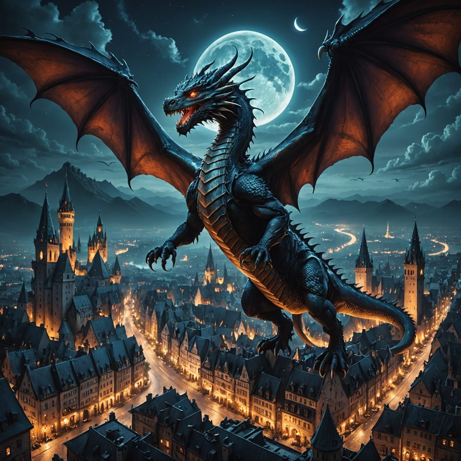 Dragon Flying Over Magical City at Night