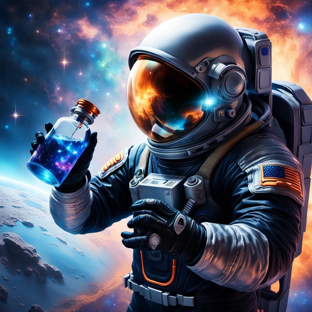 Astronaut Drinks Iridescent Liquid in Nebula