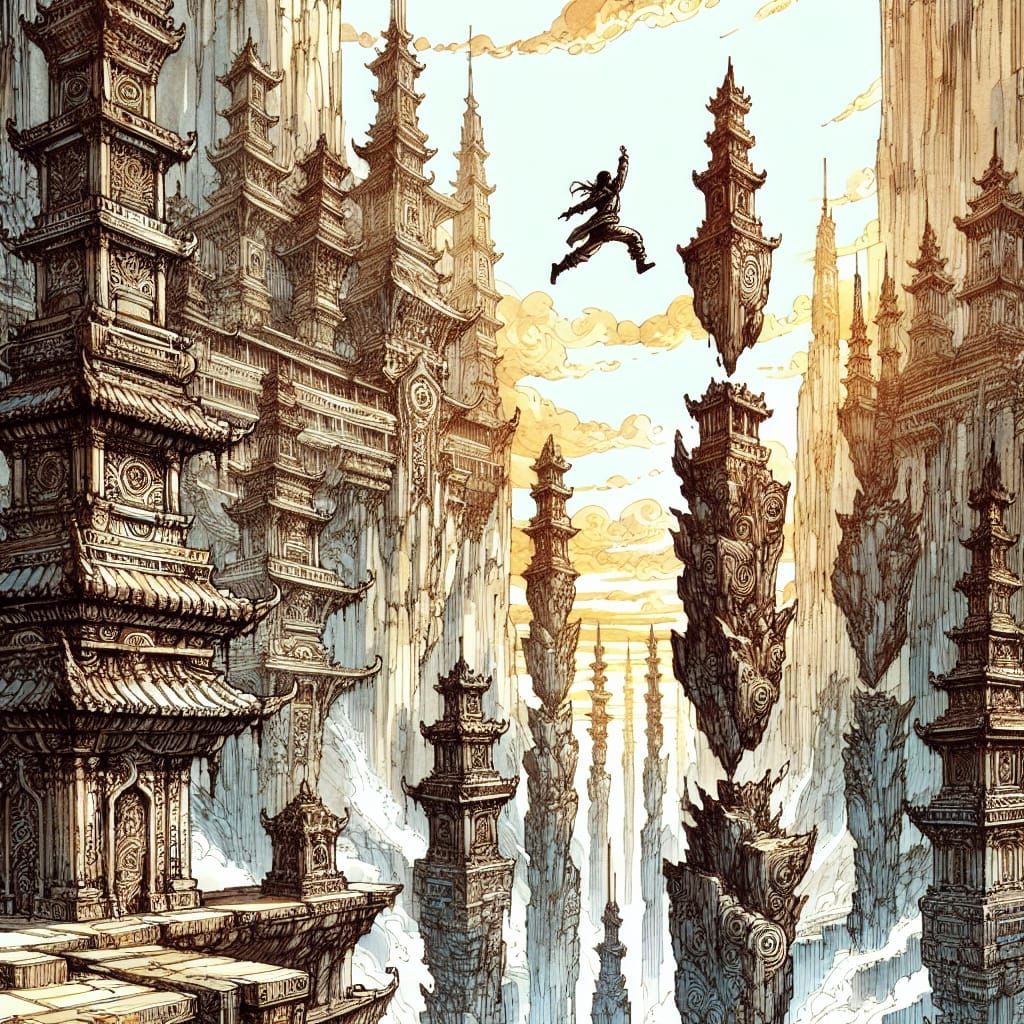 Epic Fantasy Adventurer Leaps Through Majestic Canyon