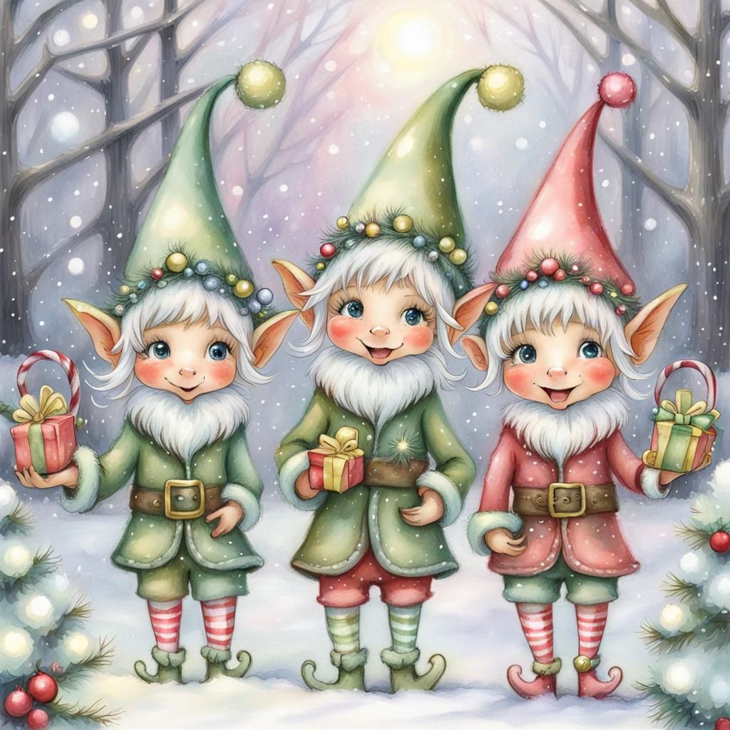 Whimsical Christmas Elves in Soft Pastels