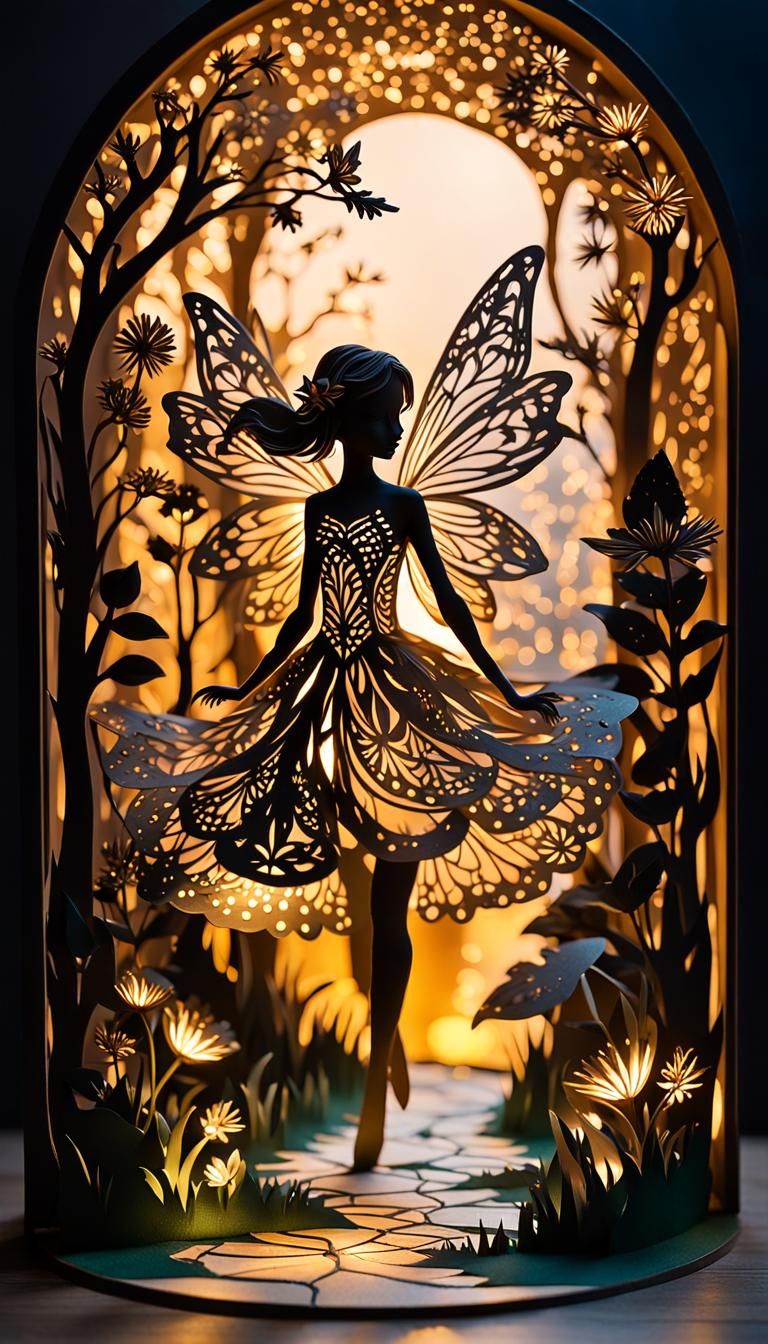 Silhouette of a fairy walking on a path to an enchanted wond...