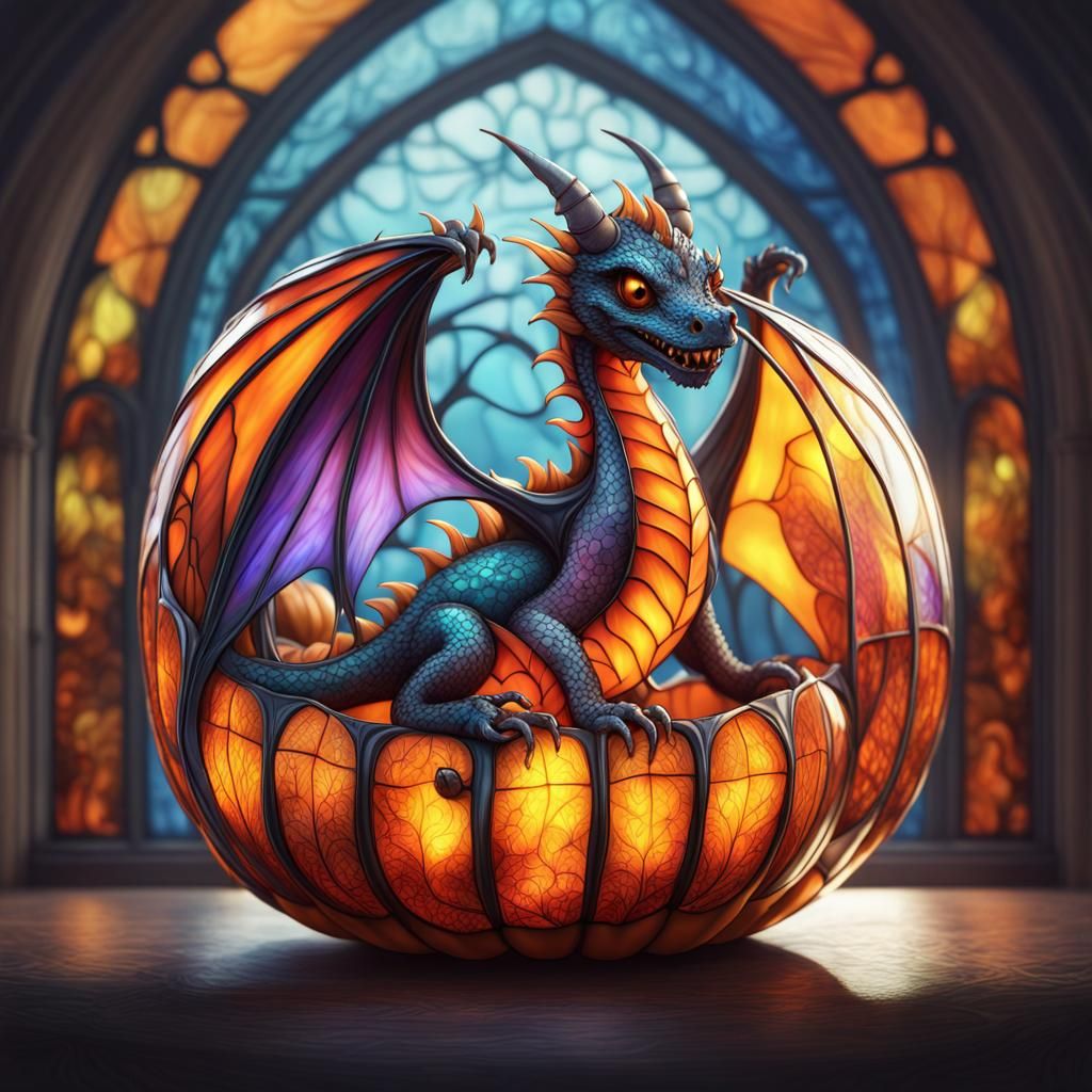 cute little dragon carved in a transparent stained glass pumpkin