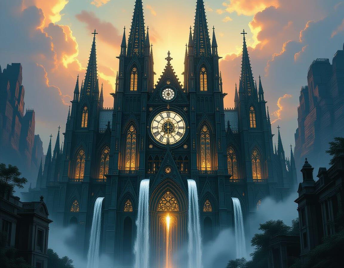 Gothic Cathedral with Waterfalls and Clockwork, Digital Art