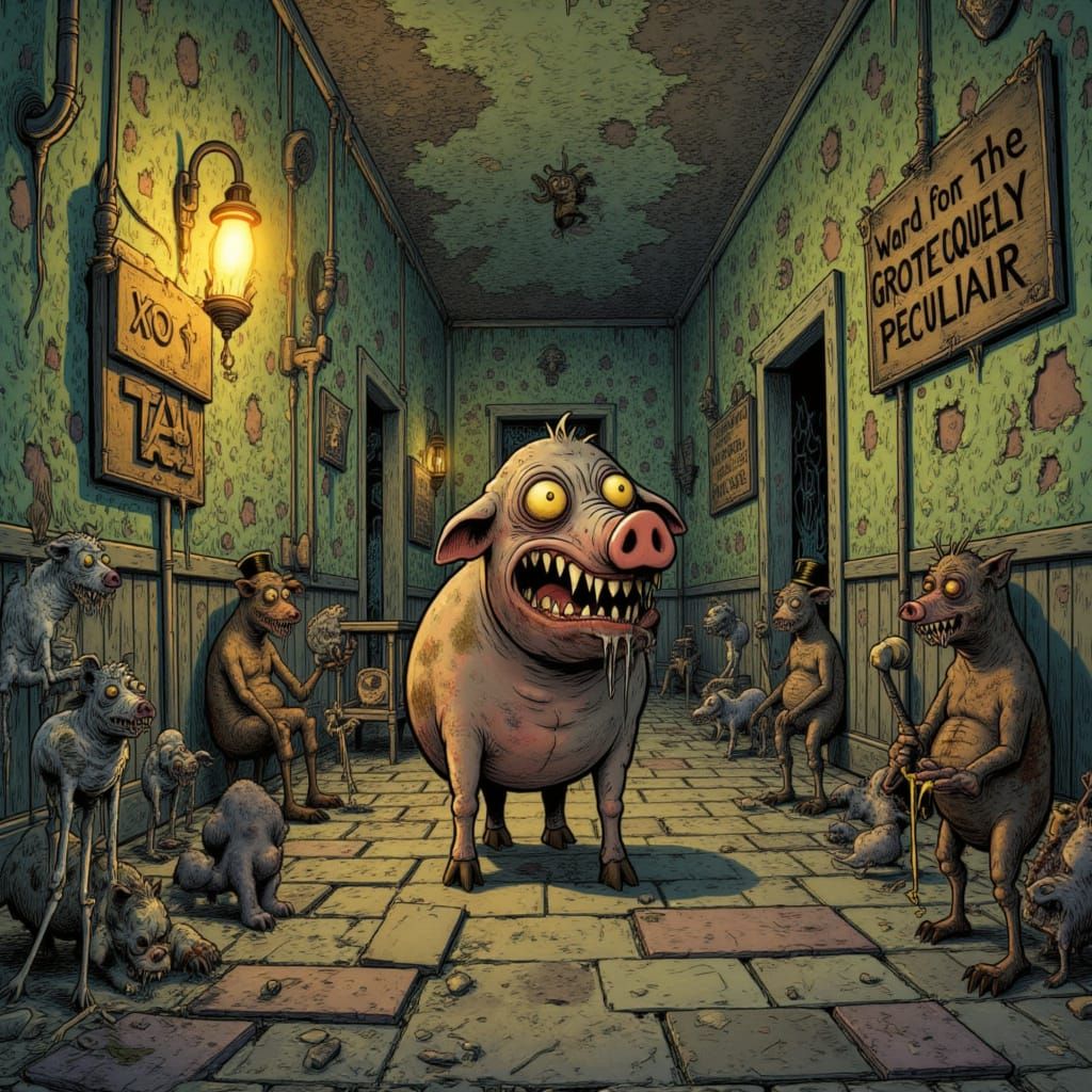 Grotesque Mutant Pig in Victorian Asylum Horror Cartoon Styl...