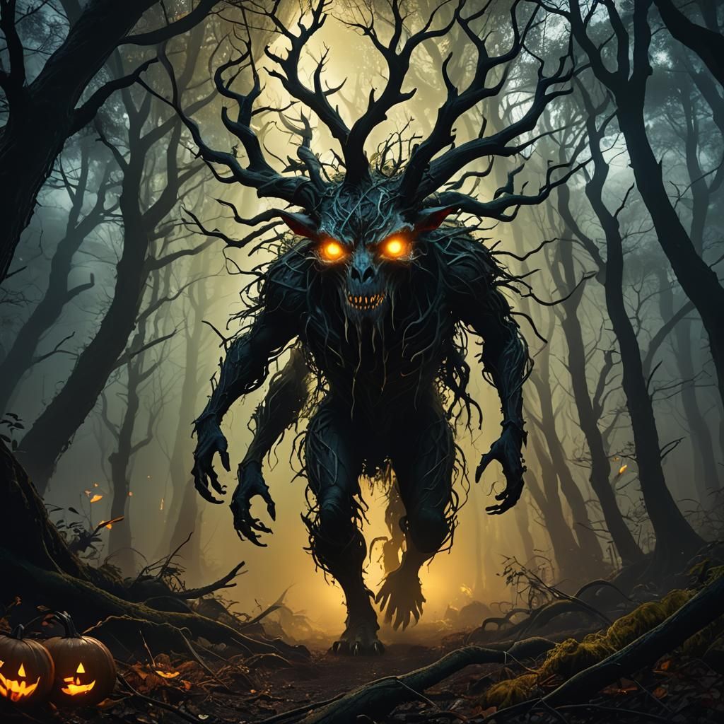 Chupacabra Walks Dark Forest in Neon Halloween Fantasy