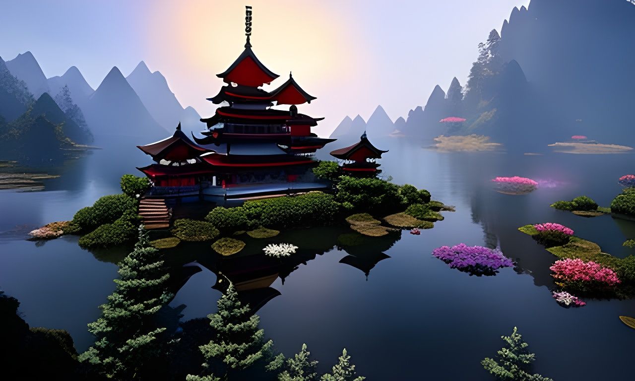 Zen Japanese Temple on Mountain Lake, Digital Art