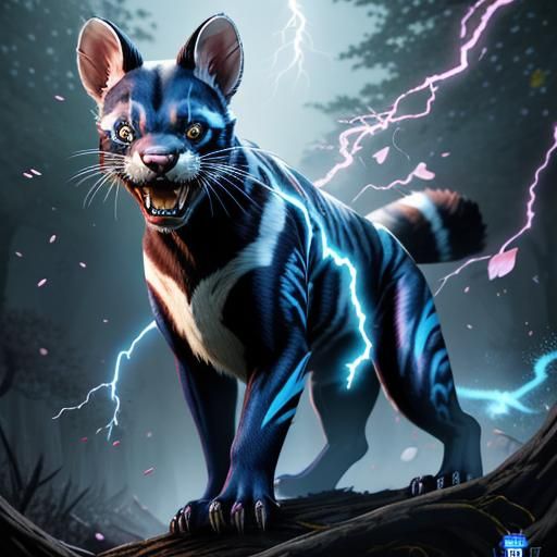 Magical Lightning Weasel Roaring in Cherry Blossom Forest