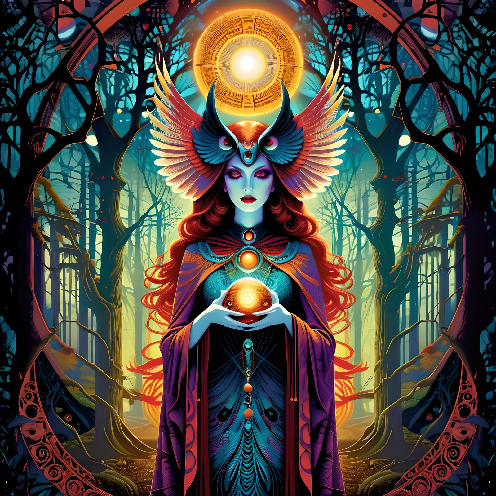 Mystical Macabre Whispering Grove with Crow Woman