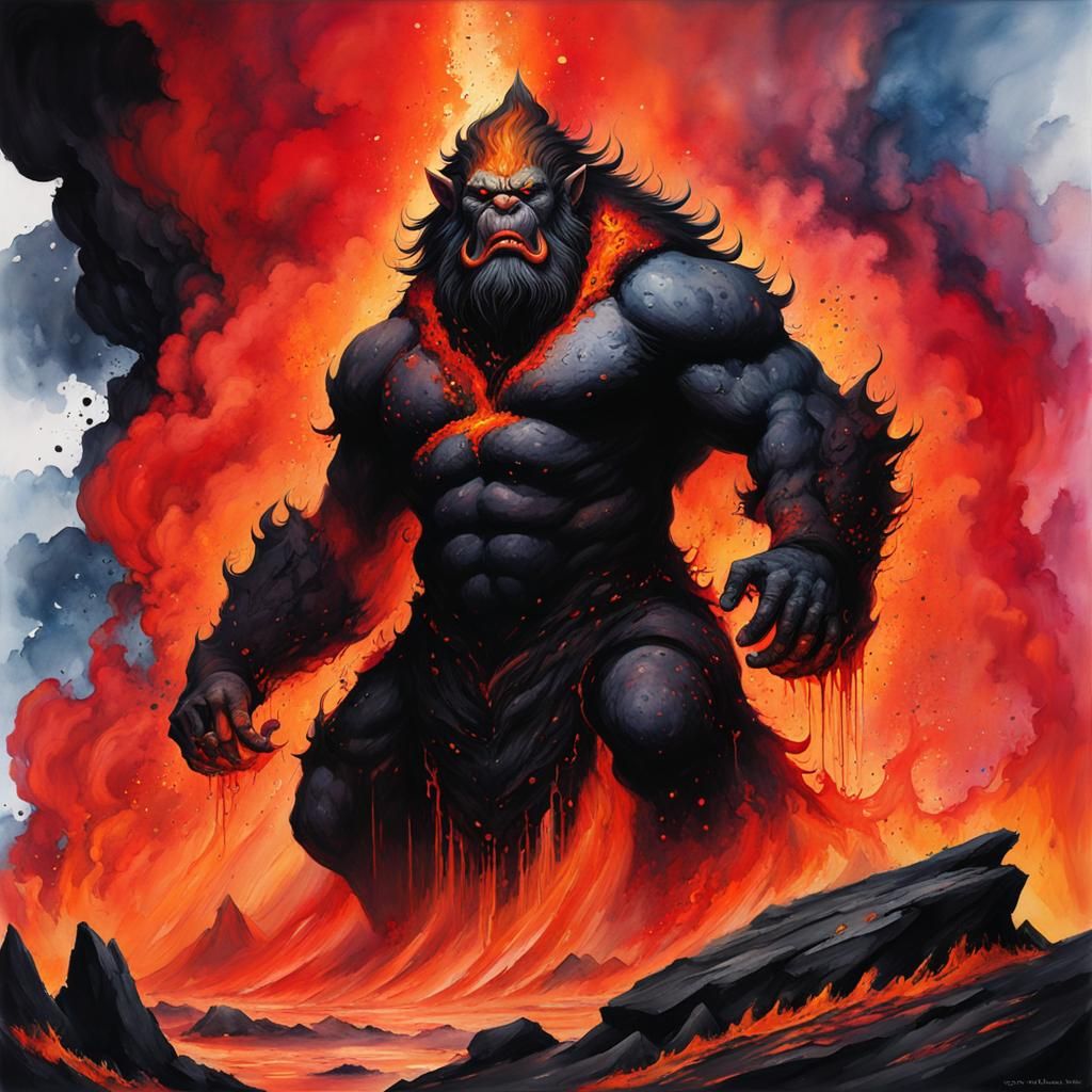 Volcanic Fire Giant in Watercolor Splash Art
