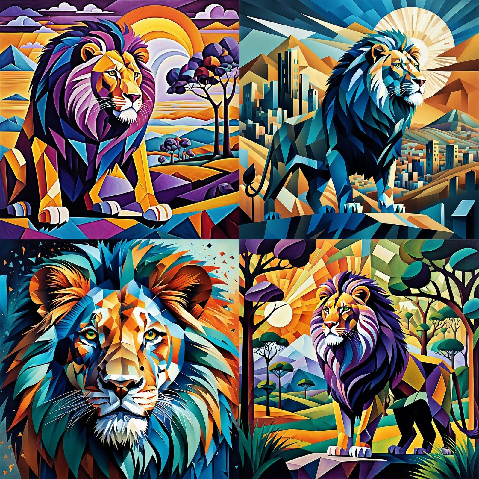Majestic Lion in Vibrant Cubist Art