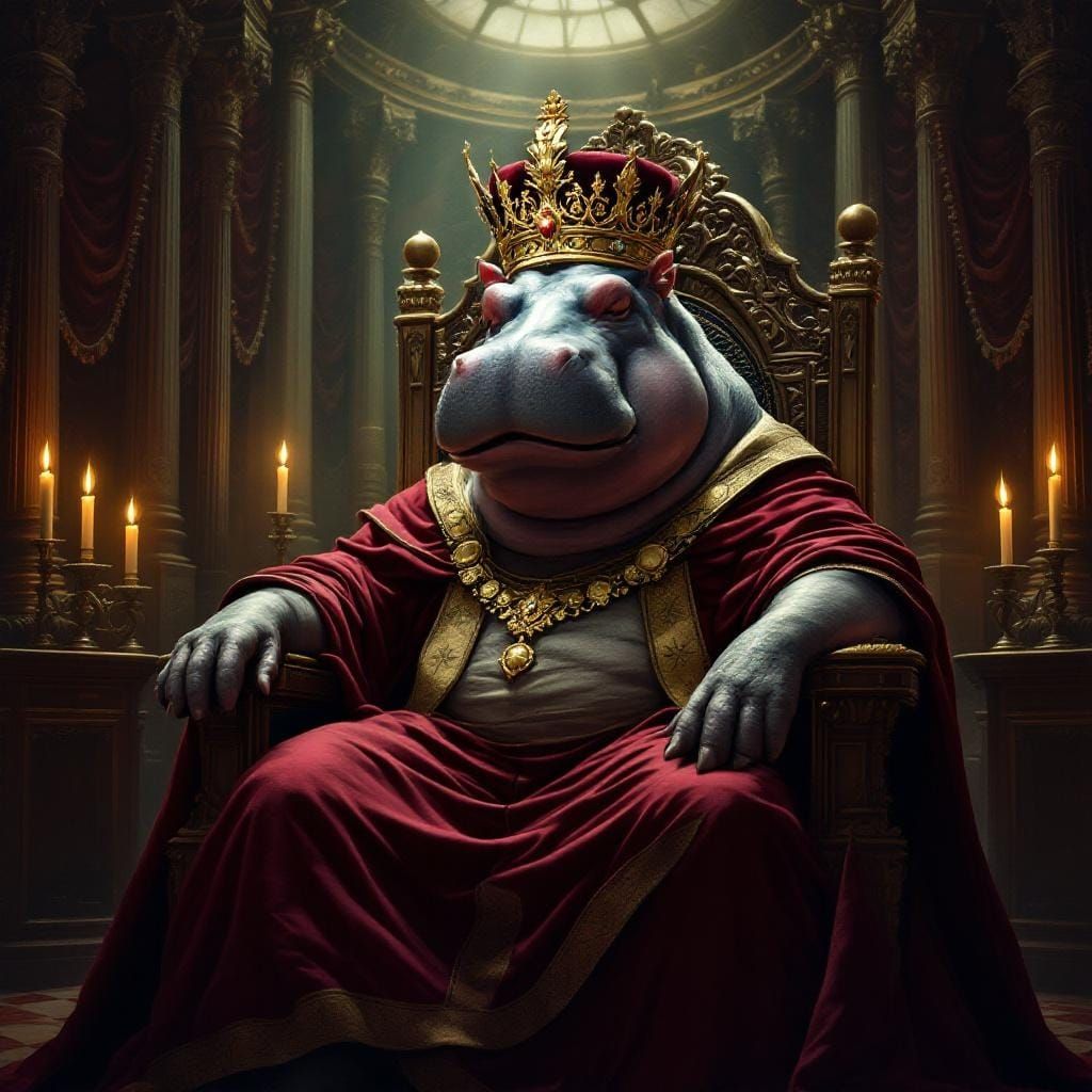 Regal Hippo on Throne in Oil Painting Style